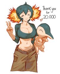 1girls annalyceart big_breasts breasts clothed clothing eyes_closed female female_only fully_clothed gijinka human humanized humanized_pokemon large_breasts light-skinned_female light_skin pokémon_(species) pokemon pokemon_(species) quilava smile solo standing tagme v