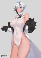 absurdres arlecchino_(genshin_impact) bangs black_hair blush breasts cleavage coat coat_on_shoulders collarbone female fur-trimmed_coat fur_trim genshin_impact grey_eyes grey_hair hair_between_eyes highres large_breasts looking_at_viewer multicolored_hair navel pclle2 red_pupils short_hair smile solo streaked_hair symbol-shaped_pupils thighs white_coat x-shaped_pupils