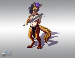 absurd_res anthro barbarian bottomwear clothing drqube female grin hi_res hyaenid loincloth mammal melee_weapon smile solo sword weapon yeenus