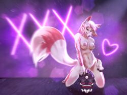 anthro breasts canid canine female fox fur furry genitals hi_res mammal neon neon_lights paperclipper pinup pose pussy science_fiction solo white_body white_fur