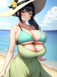 4_breasts ai_generated bangs beach big_breasts big_hat bikini_top black_hair blue_eyes blush bra bra_strap breasts cameltoe cleavage cleavage_overflow dress green_bikini green_bra green_dress huge_breasts multi_breast nai_diffusion nervous ponytail sideboob sidelocks stable_diffusion string_bikini summer_dress sun_hat sundress sunny tetra_(oc) tetra_ai tight_clothing walking