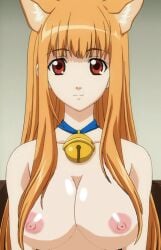 bell_collar breasts cat_planet_cuties eris_(cat_planet_cuties) hair_over_breasts looking_at_viewer nipples orange_hair red_eyes third-party_edit