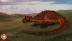 2022 abelisaurid absurd_res anus carnotaurus claws cloud dinosaur feet female feral genitals grass hi_res horn lying moonski nude on_side outside paws plains plant pussy red_body reptile scalie sky sleeping solo theropod