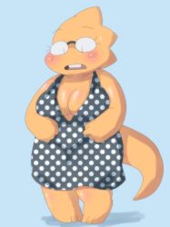 1girls 2d alphys aruput aruput_ut big_breasts blush breasts chubby cleavage dress female female_only glasses humanoid lizard_girl lizard_humanoid no_bra solo tagme undertale undertale_(series)