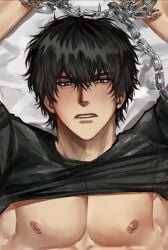 arms_up black_hair blush bound_wrists chained chains close-up embarrassed kengan_(series) kengan_ashura male male_only messy_hair muscular muscular_male on_back pang_(artist) pecs restrained shirt_up solo sweatdrop tokita_ohma upper_body