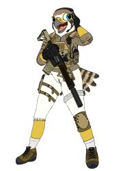 absurd_res alpha_channel american_kestrel anthro assault_rifle avian bird bottomless bottomless_female bulletproof_vest carbine_(gun) clitoris clothed clothing cute_expression evy_(fish_birb) falcon falconid female fish_birb footwear furry furry_only genitals gun headgear headphones headset hi_res holster kestrel knee_pads military military_uniform pussy ranged_weapon rifle shirt shoes socks solo standing topwear uniform weapon