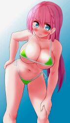 1girls annoyed big_breasts bikini blue_eyes blush bokutachi_wa_benkyou_ga_dekinai breasts busty cleavage female female_only green_bikini gu~derenko hand_on_hip hand_on_leg hand_on_own_leg hand_on_own_thigh hand_on_thigh highres kirisu_mafuyu_(bokuben) large_breasts leaning_forward legs looking_at_viewer navel pink_hair pose posing solo swimsuit thighs underboob