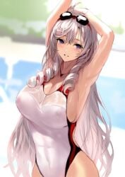 1girls abs algerie_(azur_lane) armpits arms_up azur_lane bangs beauty_mark belly_button breasts cleavage competition_swimsuit drill_hair female female_focus female_only goggles goggles_on_head large_breasts light-skinned_female light_skin long_hair looking_at_viewer mole_under_eye navel navel_line necklace nipple_bulge nipples nipples_visible_through_clothing one-piece_swimsuit portrait purple_eyes see-through_clothing sideboob silver_hair smile smiling solo swimsuit swimwear transparent_clothing vichya_dominion_(azur_lane) wet wet_clothes white_hair wide_hips wip yoshiku_(oden-usagi)