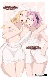 2girls absurdres age_difference alternate_breast_size alternate_hairstyle arms_around_shoulders blonde_hair breasts comicomryu curvy green_eyes hand_on_hip height_difference highres huge_breasts large_breasts mature_female multiple_girls naruto naruto_(series) naruto_shippuden pink_hair sakura_haruno small_breasts spanish_text teacher_and_student tongue tongue_out towel towel_on_head tsunade wide_hips yuri