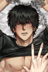 arms_up black_hair blush bound_wrists chained chains close-up embarrassed grope groping hand_on_chest kengan_(series) kengan_ashura male male_focus male_only male_solo messy_hair muscular muscular_male on_back pang_(artist) pecs pov restrained shirt_up solo solo_focus solo_male sweatdrop tokita_ohma upper_body