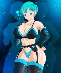 1girls big_breasts blue_eyes blue_hair bra breasts bulma_briefs cleavage curvy_figure dragon_ball dragon_ball_z female female_only fishnets garter_belt huge_breasts human human_only lingerie looking_at_viewer milf short_hair shounen_jump smile solo solo_female soul-z stockings thick_thighs thong