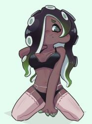 1girls beauty_mark belly_button black_bra black_hair black_panties boobs bra breasts dark-skinned_female dark_skin green_eyes hair_over_one_eye hand_behind_head lingerie looking_to_the_side marina_(splatoon) medium_breasts navel octoling one_eye_covered one_eye_obstructed posing smiling solo solo_female splatoon suction_cups tentacle_hair tits underwear whichdoll