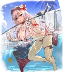 1girls against_glass against_wall algerie_(azur_lane) armwear azur_lane bangs barefoot beauty_mark belly_button bikini breasts cleavage drill_hair female female_focus female_only flower flower_in_hair gun hand_on_glass headband large_breasts light-skinned_female light_skin long_hair looking_at_viewer mole_under_eye navel navel_line nipple_bulge nipples nipples_visible_through_clothing palm_tree partially_submerged partially_underwater_shot pool pool_toy purple_eyes see-through_clothing sideboob silver_hair sketch sky solo swimming swimsuit swimwear thigh_strap towel transparent_clothing underwater vichya_dominion_(azur_lane) water wet wet_clothes wet_hair white_hair wide_hips wip yoshiku_(oden-usagi)