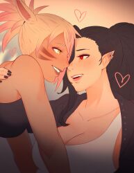 2girls big_breasts cleavage clothing elezen feet female female_only final_fantasy final_fantasy_xiv hilda_ware hyur koyorin light-skinned_female miqo'te open_clothes original_character red_eyes warrior_of_light_(final_fantasy_xiv) wholesome yuri