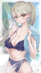 beach bikini blue_bikini blush ebi_0217 kishi_himeko komi-san_wa_komyushou_desu large_breasts ponytail silver_eyes silver_hair towel_around_neck