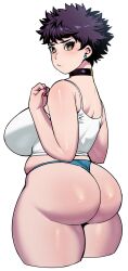 1girls ass bbw big_ass big_breasts black_hair breasts choker chubby chubby_female curvaceous curvy ear_piercing elf-san_wa_yaserarenai female female_focus huge_ass huge_breasts human_form human_satero looking_at_viewer looking_back pale-skinned_female pale_skin plump satero short_hair simple_background solo solo_female solo_focus synecdoche tank_top thick_ass thick_thighs thighs thong very_short_hair voluptuous white_background wide_hips