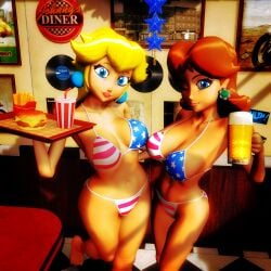 2girls 3d 3d_(artwork) alcohol american_flag_bikini beer big_breasts bikini bikini_uniform blonde_female blonde_hair blue_eyes breasts brown_hair burger busty child_bearing_hips cleavage feet female female_only flag_print food french_fries hips large_breasts legs lipstick long_hair makeup mario_(series) multiple_girls navel nintendo princess princess_daisy princess_peach short_hair smile soda swimsuit thighs virtualblueam2 voluptuous waitress