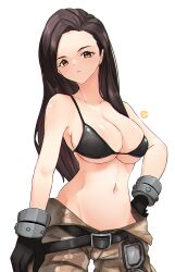 1girls big_breasts bikini bikini_top_only black_bikini breasts brown_hair busty cleavage female female_only gloves hand_on_hip jrpuls3 large_breasts long_hair looking_at_viewer midriff military navel original pants pose swimsuit voluptuous yellow_eyes