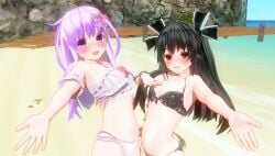 2girls 3d beach bikini black_bikini black_hair blush breasts cleavage female female_only long_hair looking_at_viewer medium_breasts multiple_girls navel nepgear neptunia_(series) ocean open_mouth purple_eyes purple_hair red_eyes small_breasts smile swimsuit twintails uni_(neptunia) water white_bikini