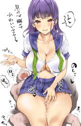 1boy 1girls ariku big_breasts black_text breasts cowgirl_position cum femdom japanese_text open_mouth panties purple_hair school_uniform schoolgirl text text_bubble thick_thighs thighjob white_panties