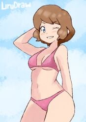 1girls arm_behind_back arm_behind_head artist_name big_breasts bikini blue_eyes blush breasts brown_hair busty cleavage creatures_(company) cute female female_only game_freak grin highres large_breasts legs lirudraw navel nintendo one_eye_closed pink_bikini pokemon pokemon_(game) pokemon_xy pose serena_(pokemon) short_hair smile solo swimsuit thighs wink