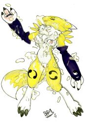 2001 after_sex anthro bandai_namco bodily_fluids breasts bukkake cum digimon digimon_(species) female genital_fluids genitals pussy renamon solo unknown_artist