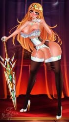 1futa areolae big_breasts big_penis blonde_hair breasts bulge clothed clothing erect_penis erection erection_under_clothes futa_only futanari high_heels human light-skinned_futanari light_skin lingerie long_hair mythra nenerhea nipples penis penis_in_thighhighs penis_to_the_knees penis_under_clothes solo solo_futa standing thighhighs xenoblade_(series) xenoblade_chronicles_2