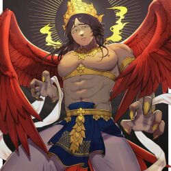 1boy abs asian_clothing asian_mythology big_pecs brown_hair collar crown dark-skinned_male dark_hair dark_skin dekaithaimilk feathered_wings gaolang_wongsawat garuda gold_(metal) gold_armlet gold_crown gold_jewelry gold_nails halo headgear headwear hi_res jewelry kengan_(series) kengan_ashura loincloth looking_at_viewer male male_only muscular muscular_male nail_polish pecs red_wings sharp_fingernails solo solo_male thai thai_clothes wings yellow_nails