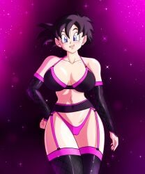 1girls big_breasts black_hair blue_eyes blush bra breasts dragon_ball dragon_ball_z female female_only fishnets garter_belt huge_breasts human human_only lingerie looking_at_viewer short_hair shounen_jump smile solo solo_female soul-z teenager thick_thighs thong videl wide_hips