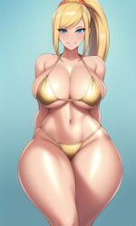 ai_generated bikini blonde_hair blue_eyes curvy curvy_figure gigantic_breasts gold_bikini huge_ass huge_breasts huge_hips looking_at_viewer metroid nai_diffusion ponytail samus_aran seductive_smile shiny_bikini shiny_hair shiny_skin shiny_thighs stable_diffusion thick_thighs thunder_thighs voluptuous wide_hips