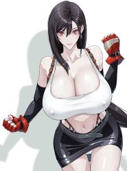 1girls breasts cleavage female final_fantasy final_fantasy_vii fwaf huge_breasts looking_at_viewer navel nipple_bulge panties panty_peek red_eyes short_skirt solo solo_female tifa_lockhart upskirt white_panties