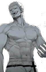 abs black_sclera breath gym_shorts kengan_(series) kengan_ashura kure_raian kyowo_sukkesuke male male_only monochrome muscular muscular_male open_mouth pecs short_hair smile solo tongue_out topless topless_male upper_body veiny_muscles