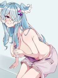 2014_(artist) :p areolae blue_hair breasts dragon_girl elira_pendora hair_over_one_eye head_wings large_breasts leaning_forward naked_overalls nijisanji nijisanji_en nipples no_bra no_panties overalls overalls_only pussy pussy_peek sitting smile teasing tongue_out topless virtual_youtuber