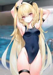 1girls armpits arms_above_head arms_behind_head arms_up artist_request bathing_suit belly blonde_hair blurry_background blush breasts cameltoe covered_navel cowboy_shot female female_focus female_only hair_between_eyes hair_ornament konjiki_no_yami long_hair looking_at_viewer navel one_piece_swimsuit pool red_eyes solo solo_female solo_focus standing stomach swimsuit swimwear thigh_strap thighs to_love-ru twintails very_long_hair