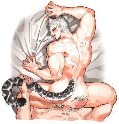 2boys anal anal_sex babulon back_muscles bite_mark bite_marks black_sclera claws doggy_style from_behind gay hickey_marks kemonomimi kengan_(series) kengan_ashura kure_raian looking_at_viewer looking_back male male_only male_pov muscular muscular_male on_bed on_stomach penis sharp_fingernails sheet_grab tail tail_grab tiger_boy tiger_ears tiger_tail tongue_out uncensored white_hair yaoi