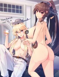 2girls alcohol alternate_costume ass blonde_hair blue_eyes breasts brown_hair censored censored_nipples cherry_blossoms completely_nude couch cup dated hair_intakes headgear highres himeyamato holding holding_cup holding_hands iowa_(kantai_collection) jewelry kantai_collection large_breasts long_hair military military_uniform multiple_girls naval_uniform navel necklace nude pants ponytail reclining signature star-shaped_pupils star_(symbol) symbol-shaped_pupils tassel topless uniform white_pants yamato_(kantai_collection)