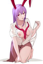 :p absurdres animal_ears breasts bunny_ears female highres long_hair looking_at_viewer nipples panties panty_pull purple_hair rabbit_ears red_eyes reisen_udongein_inaba scdz2344 shirt simple_background skirt solo tongue tongue_out touhou underwear white_background