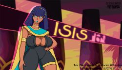 2020s 2022 8:7 alternate_breast_size aqua_eyes artist_name big_breasts bimbo bimbofication blue_eyes_female blue_hair blue_hair_female breasts cleavage curvaceous dark-skinned_female dark_blue_hair dark_skin destripando_la_historia edited_screencap egyptian egyptian_female egyptian_mythology flashpoint_gear_(artist) goddess gold_(metal) huge_breasts isis_(destripando_la_historia) lipstick mature_female milf mythology orange_sky palm_tree short_blue_hair short_hair short_hair_female three-quarter_portrait voluptuous