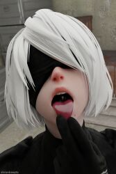 1boy 1girls 3d blindfold clothing female female_pred giantess male male_prey micro nier nier:_automata open_mouth oral_vore short_hair shrunk shrunken_male shrunkengts tongue tongue_out vore white_hair yorha_2b yorha_9s