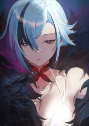 arlecchino_(genshin_impact) bangs black_eyes black_hair blue_hair breasts cleavage coat collarbone female fur-trimmed_coat fur_trim genshin_impact grey_hair hair_between_eyes highres looking_at_viewer multicolored_hair parted_lips red_pupils salmon88 short_hair simple_background solo streaked_hair swept_bangs symbol-shaped_pupils two-tone_hair upper_body white_hair x-shaped_pupils