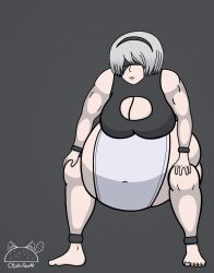 1girls bbw belly big_belly big_breasts blindfold breasts chubby clothing fat female female_only grey_background hairband huge_belly light-skinned_female light_skin nier nier:_automata otakutacoag overweight short_hair solo solo_female sumo sumo_wrestler white_hair yorha_2b