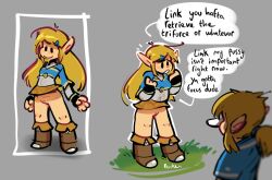 ass_length_hair blonde_hair booba_(meme) boots bottomless bottomless_skirt breath_of_the_wild casual casual_bottomless clothing dialogue exhibitionism exhibitionist female grey_background humanoid hylian hylian_ears link link_(breath_of_the_wild) long_hair male pale_skin panken princess_zelda priorities_straight pussy speech_bubble text the_legend_of_zelda upskirt yellow_hair zelda_(breath_of_the_wild)