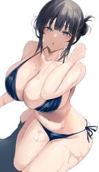 :o absurdres asaka_karin bangs bikini black_hair blue_bikini blue_eyes blunt_bangs blush breasts cleavage collarbone female hair_bun hand_up highres large_breasts love_live! love_live!_nijigasaki_high_school_idol_club mole navel parted_lips side-tie_bikini sidelocks sitting solo stomach swimsuit thighs wet white_background yamasonson