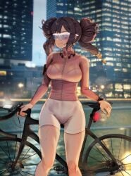 1girls 2022 absurd_res alternate_breast_size alternate_hairstyle alternate_version_available aqua_eyes artist_signature bicycle bike_shorts breasts cycling_uniform eyewear female female_only foxy_rain_(foxyreine) foxyrain_(foxyreine) foxyreine genshin_impact hair_ornament hips jacket large_breasts mona_(genshin_impact) outdoors short_shorts shorts slim_waist smile sportswear thick_thighs thighs twin_buns twintails wide_hips