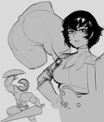 armor big_ass black_hair clothed fiorayne krekk0v krekkball looking_at_viewer monochrome monster_hunter monster_hunter_rise muscular short_hair sketch small_breasts tight_clothing tight_pants tomboy