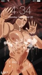 1boy abs cum danganronpa hagakure_yasuhiro lock_screen male male_focus male_only muscle robokeh straight_hair trapped_in_lock_screen