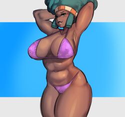 1girls afro armpits arms_behind_head big_breasts bikini dark-skinned_female dark_skin ezzyecchi female female_only green_eyes green_hair gym_leader hi_res lenora_(pokemon) light_blush looking_at_viewer mature_female milf narrowed_eyes nintendo pokemon pokemon_bw smiling smiling_at_viewer solo solo_female thick_thighs