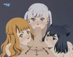 1boy 3girls ass ass_focus asta_(black_clover) black_clover black_hair blue_hair brown_hair collaborative_fellatio eye_contact female fringe green_eyes grey_hair hair hi_res hiding highres horn huge_balls huge_breasts huge_cock human immortalkingart large_penis male mimosa_vermillion multiple_girls nero_(black_clover) noelle_silva oral penis pov princess red_eyes royalty secre_swallowtail shy sliver_hair small_fringe sucking sucking_testicles threesome twintails yellow_hair