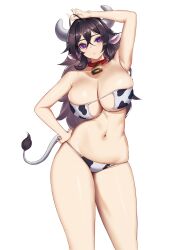 :o ahoge animal_ears arm_up armpits bangs bell bikini black_hair blueorca breasts cleavage collar contrapposto cow_ears cow_girl cow_horns cow_tail cowbell crossed_bangs eyepatch_bikini female glint hair_between_eyes hand_on_hip highres horns huge_breasts large_breasts logo looking_at_viewer mole mole_on_breast mole_under_mouth navel neck_bell original parted_lips purple_eyes red_collar simple_background skindentation smile solo standing stomach swimsuit tail thighs white_background