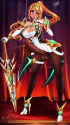 1futa balls big_balls big_breasts big_penis blonde_hair breasts cleavage clothed clothing erect_penis erection erection_under_clothes fully_clothed futa_only futanari high_heels huge_cock human light-skinned_futanari light_skin long_hair mythra nenerhea pantyhose penis penis_under_pantyhose ponytail solo solo_futa standing tagme tenting testicles xenoblade_(series) xenoblade_chronicles_2